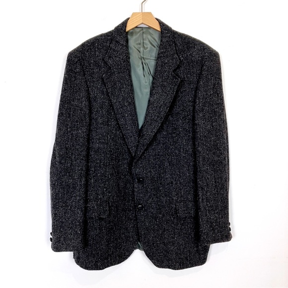 Vintage Harris tweed wool sport coat blazer black grey  classic 44R - Picture 1 of 12